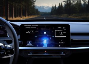 First person view from modern car cockpit with digital car data and driving information. First person view from modern car cockpit with digital car data and driving information