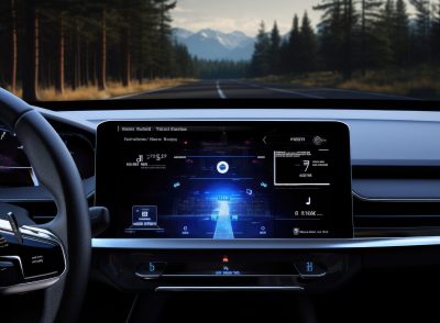 First person view from modern car cockpit with digital car data and driving information