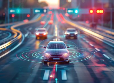 Sensing system and wireless communication network of vehicle. Autonomous car. Driverless car. Self driving vehicle. highway road with self-driving cars with signals around the cars, smart ransport