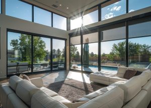 Contemporary suburban home with floor-to-ceiling, polarized windows that automatically tint based on sunlight intensity Contemporary suburban home with floor-to-ceiling, polarized windows that automatically tint based on sunlight intensity