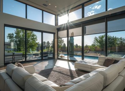 Contemporary suburban home with floor-to-ceiling, polarized windows that automatically tint based on sunlight intensity
