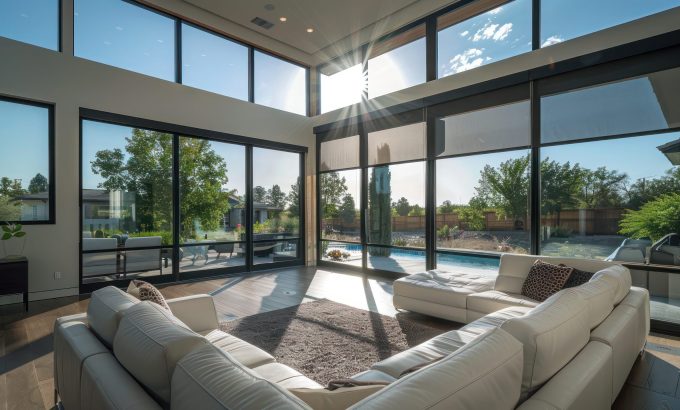 Contemporary suburban home with floor-to-ceiling, polarized windows that automatically tint based on sunlight intensity Contemporary suburban home with floor-to-ceiling, polarized windows that automatically tint based on sunlight intensity